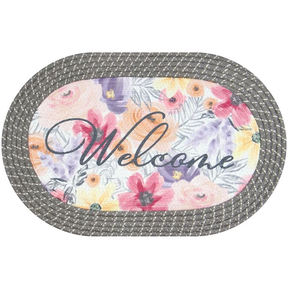 Oval Braided Kitchen Accent Rug (18" x 27") PASTEL FLOWERS, WELCOME, BL